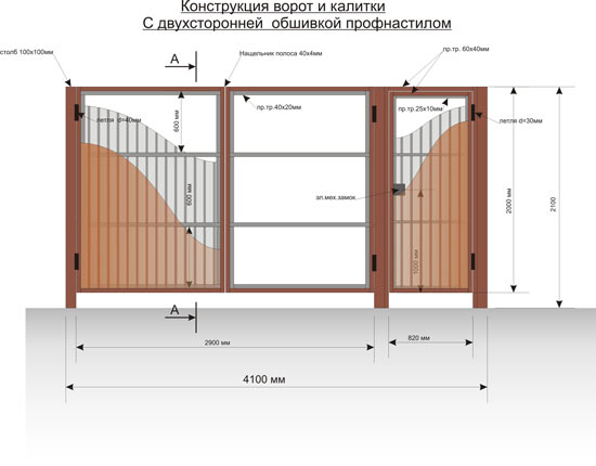 Распашные ворота с калиткой чертеж