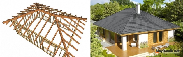 Схема устройства стропильной системы и внешний вид вальмовой крыши (обычной, стандартной)