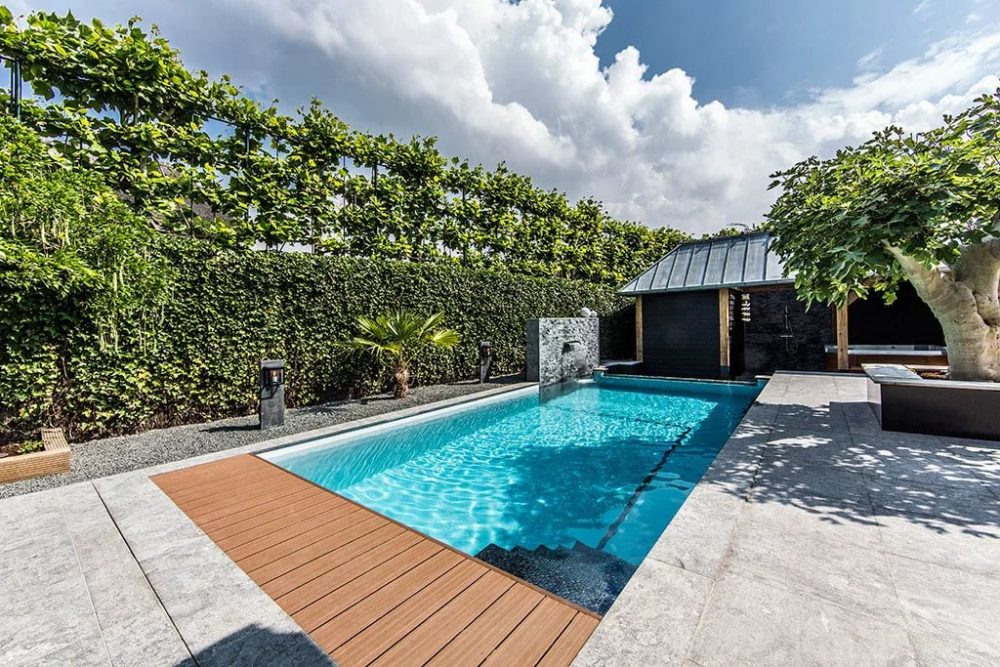 Ландшафтный дизайн дома с бассейном 45 фото
