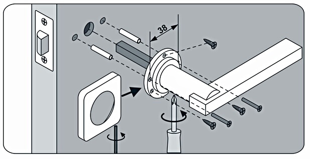 Общая схема установки дверной ручки на розетке с фланцем