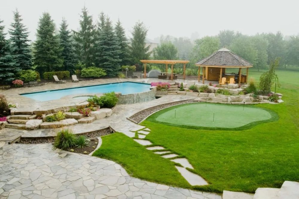 ландшафтный дизайн дома с бассейном