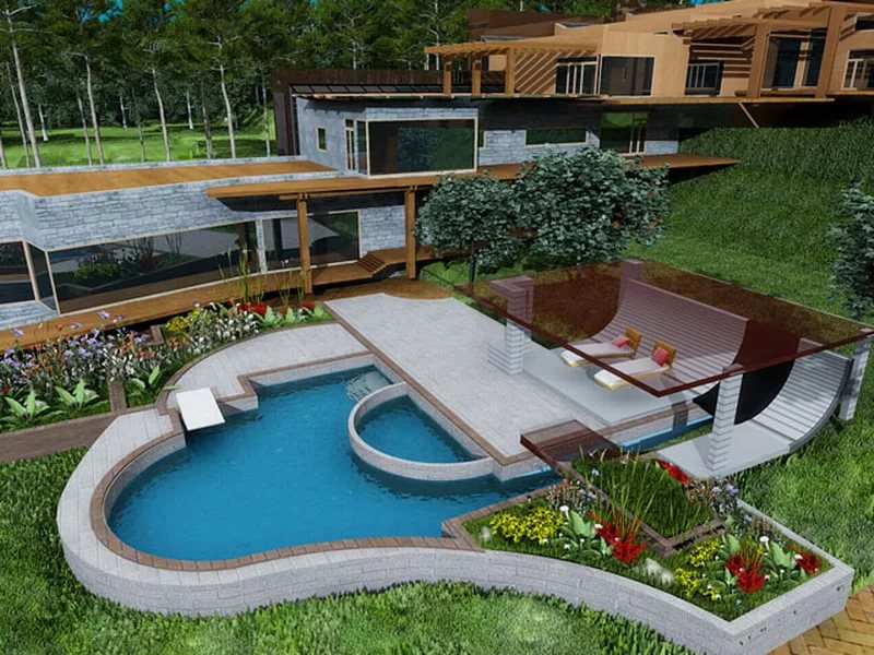Ландшафтный дизайн дома с бассейном 45 фото