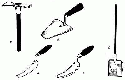 Инструменты для печных работ: а – молоток-кирочка; б – кельма; в – расшивка для выпуклых швов; г – расшивка для вогнутых швов; д – растворная лопата