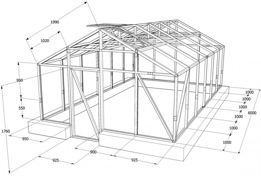 Чертёж двускатной теплицы 2