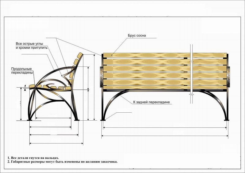 чертеж лавочки с деревом кованной