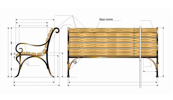 кованная с деревянной спинкой скамейка