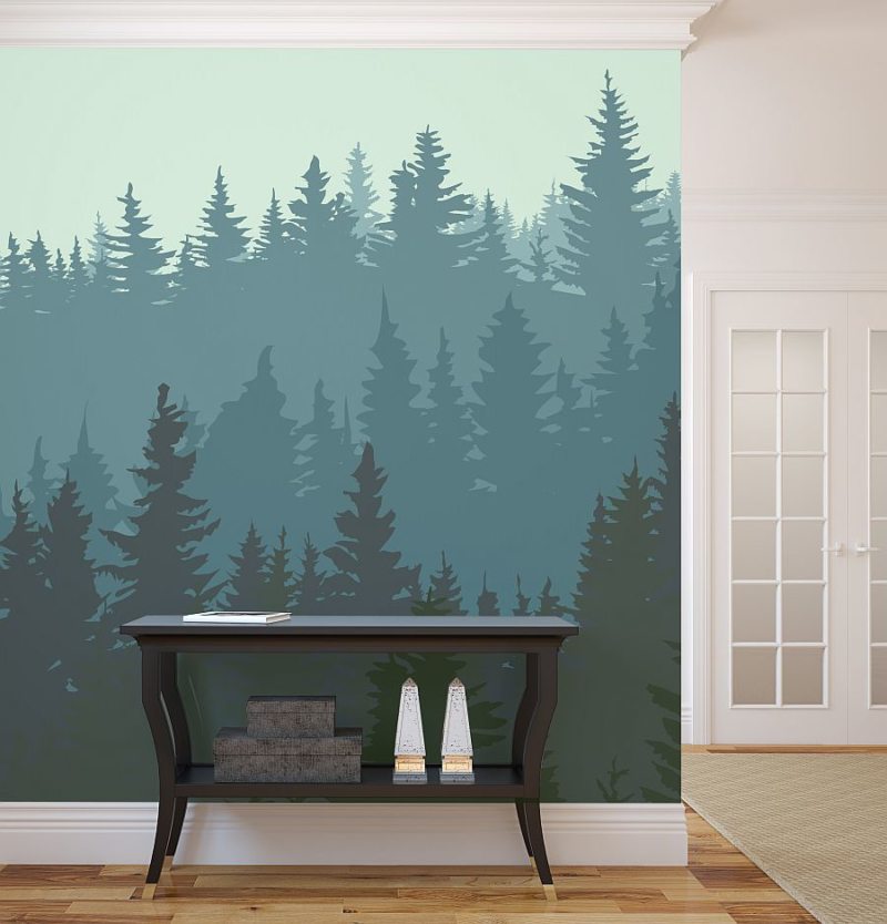 Nice Idea of Forest Wall Mural for Winter Applied for Hallway with Wooden Floor Furnished with Side Table