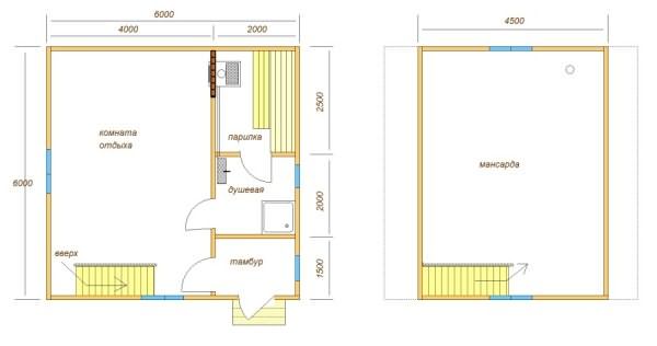  Проект двухэтажной бани 6х6 с мансардой