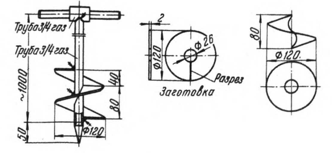 Подробный чертеж в проекциях шнекового бура 