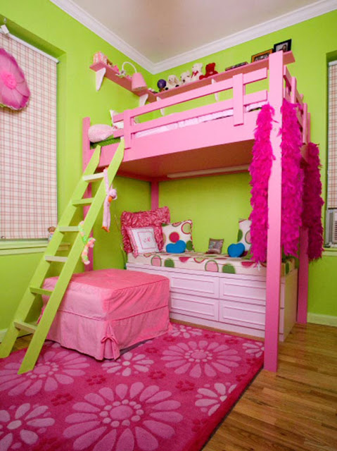 зелёный и розовый в интерьере детской комнаты для девочек