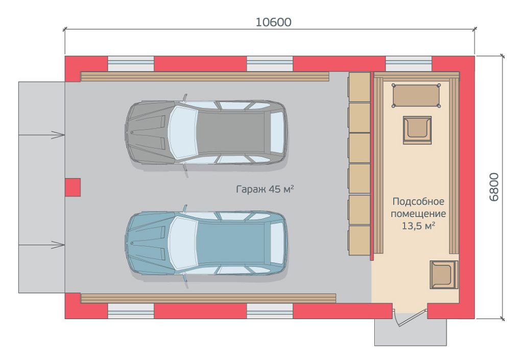 Проект двухместного гаража с хозблоком