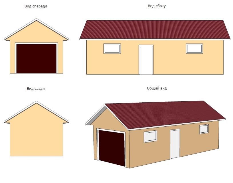 виды и проекции гаража 4 х 10 м