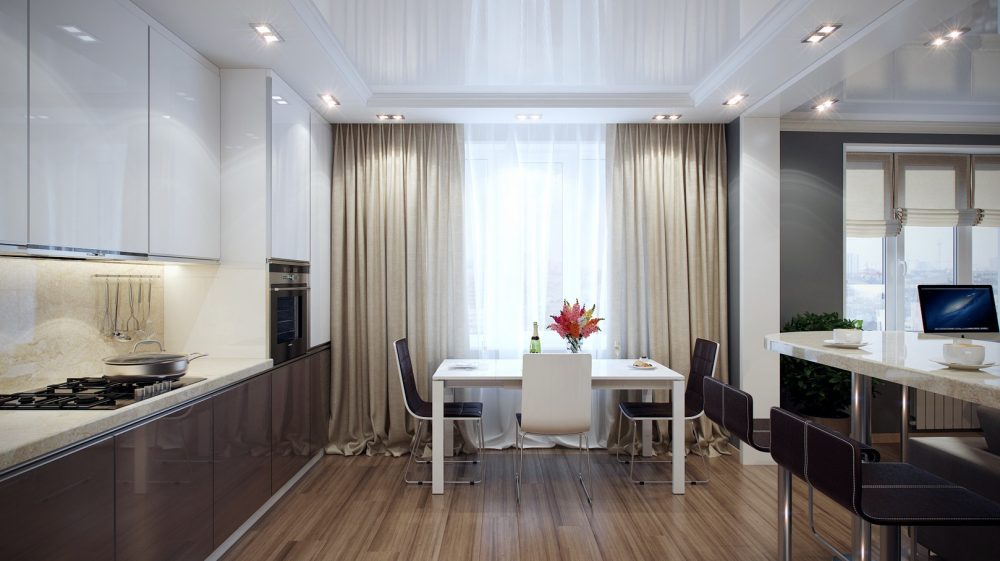 glossy-kitchen-units-and-breakfast-nook-facing-to-the-mini-white-modern-dining-table-sets-near-the-window-with-long-fabric-curtains