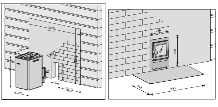 Схема установки печи. Кирпичный портал. Рекомендуемые расстояния