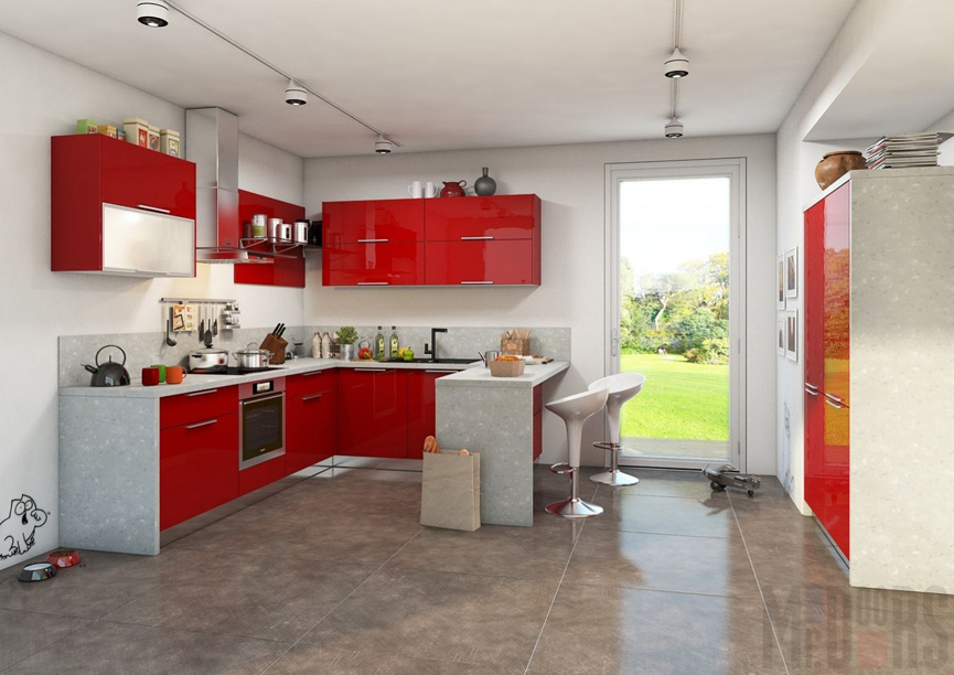 Кухня с глянцевыми красными фасадами