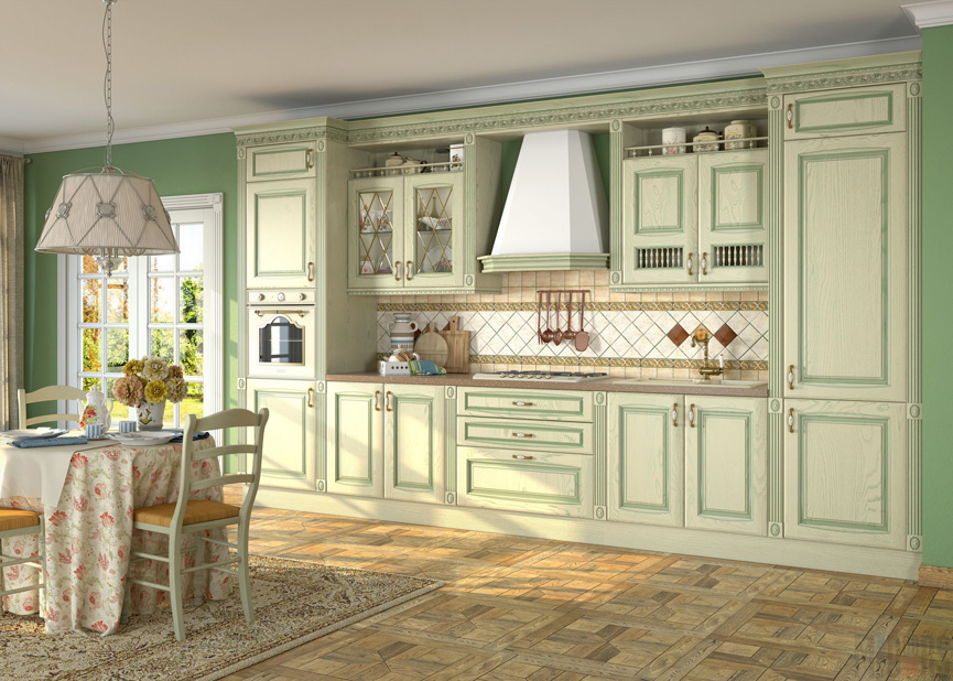 Кухня в классическом стиле с зелеными фасадами