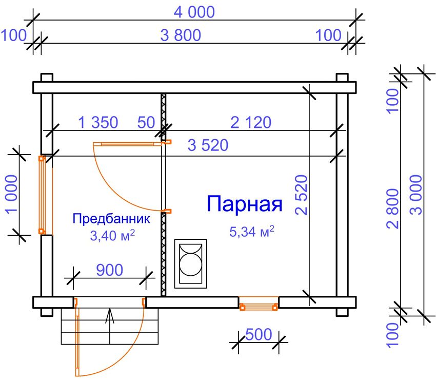 Проект маленькой каркасно-щитовой бани 4 на 3 м