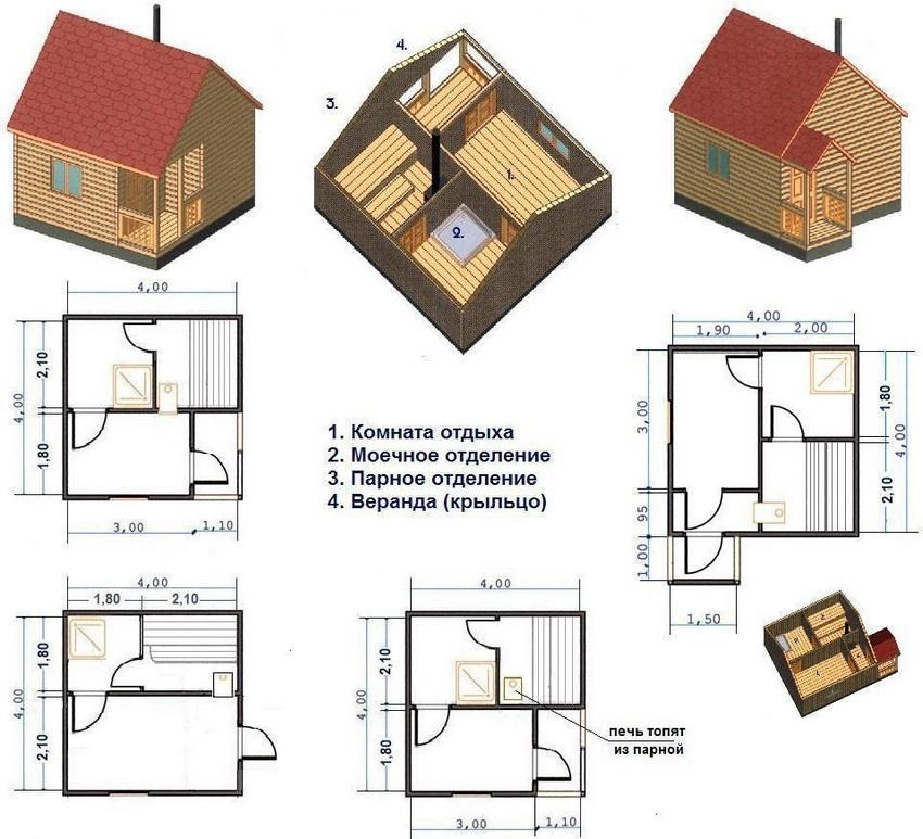 Различные варианты планировки каркасной бани 4х4 м