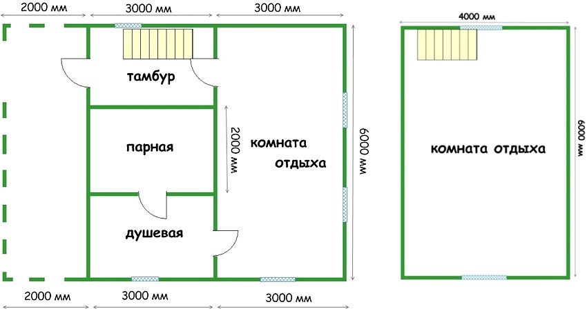 Проект каркасной бани 6х6 с мансардой, в которой расположена большая комната отдыха