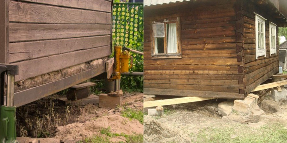 Поднятие деревянного дома домкратами и брусом