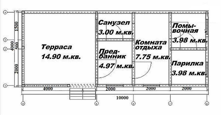 Планировка бани 10*4 с террасой под односкатной крышей 