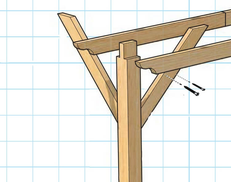 Технология монтажа несущих балок перголы из дерева.