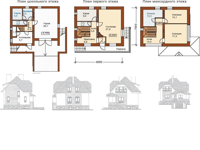 Планировка дома с цокольным этажом и мансардой