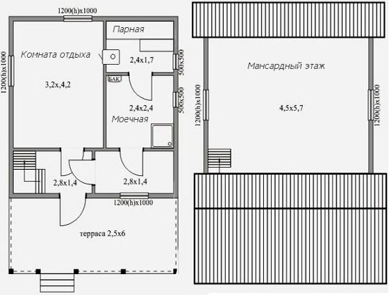 планировка бани 6х6 с мансардой