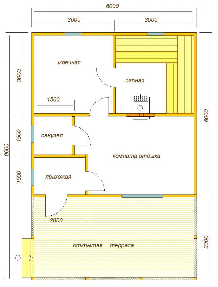 Планировка бани с террасой