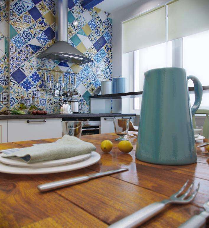 фартук синий в средиземноморском стиле в интерьере кухни
