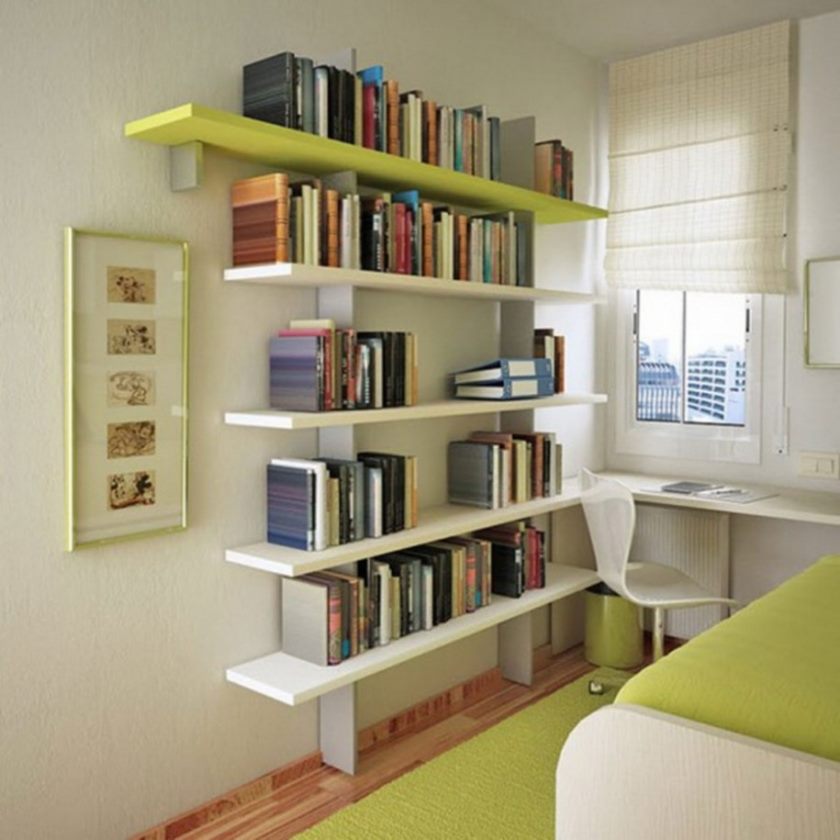 surprising-very-small-studio-apartment-design-bedroom-interior-decorating-with-white-and-light-green-colors-also-floating-shelfs-studio-apartment-space-completed-with-book-shelf-pictures-915x915