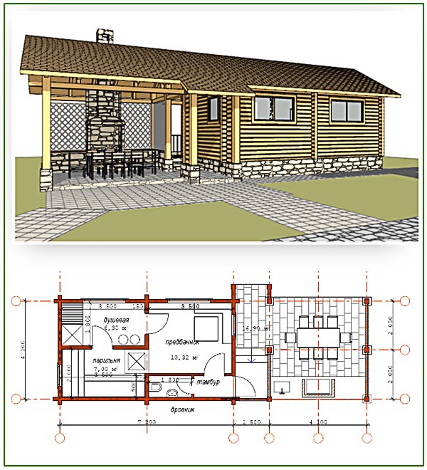 Баня с беседкой под удлиненной двухскатной крышей