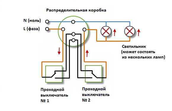 Данная схема предназначена для управления освещением из двух мест