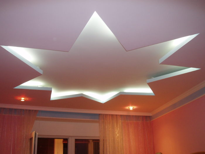 Звезда с подсветкой из гипсокартона на потолке