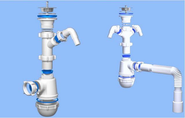 Сифоны для кухонной мойки с возможностью подключения шлангов слива посудомоечной или (и) стиральной машины