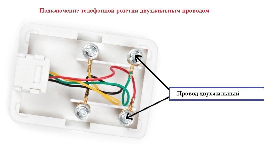 Схема соединения 2-х жильного кабеля с контактами телефонной розетки