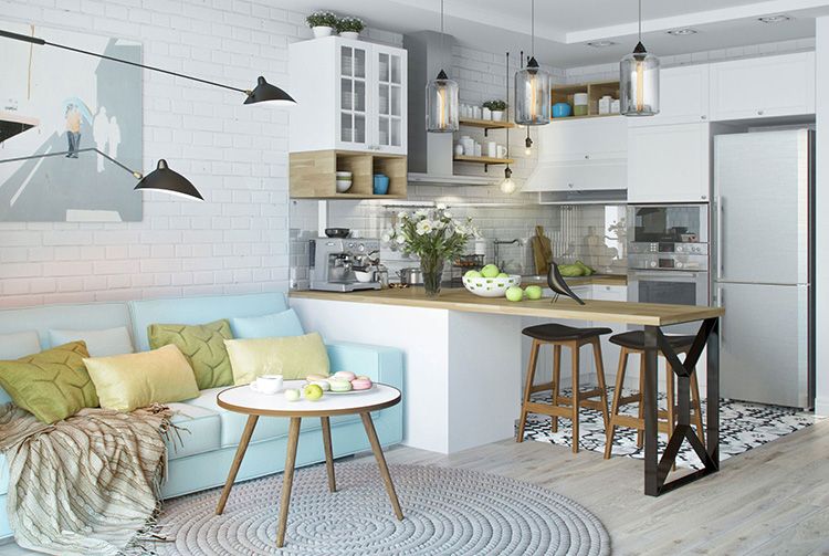 Фото интерьера кухни-гостиной в скандинавском стиле в квартире-студии